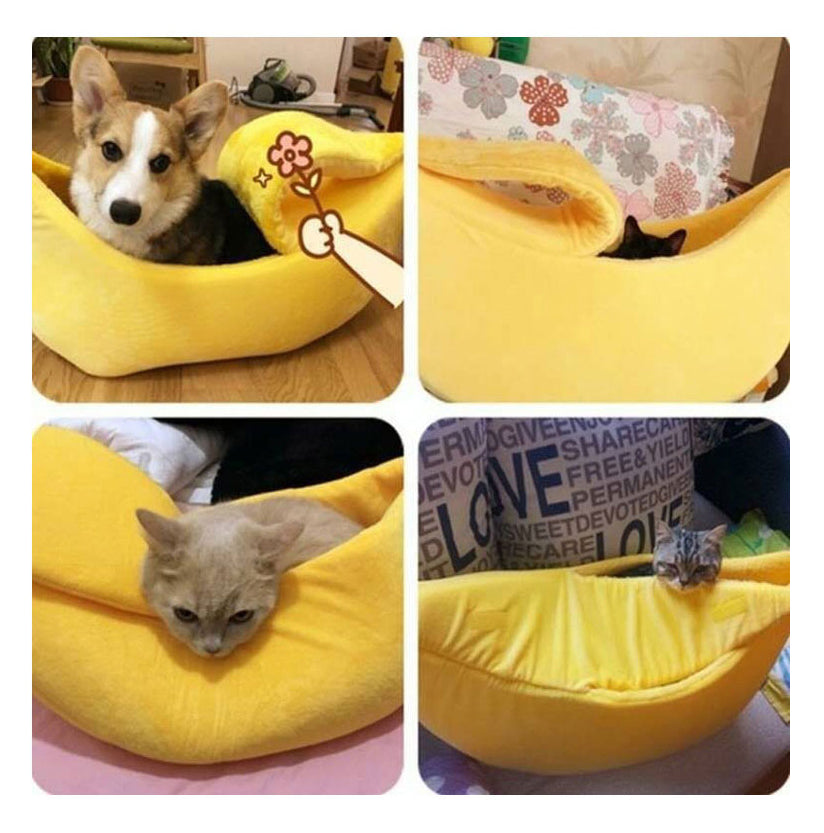 a collage of photos of a cat in a banana shaped bed