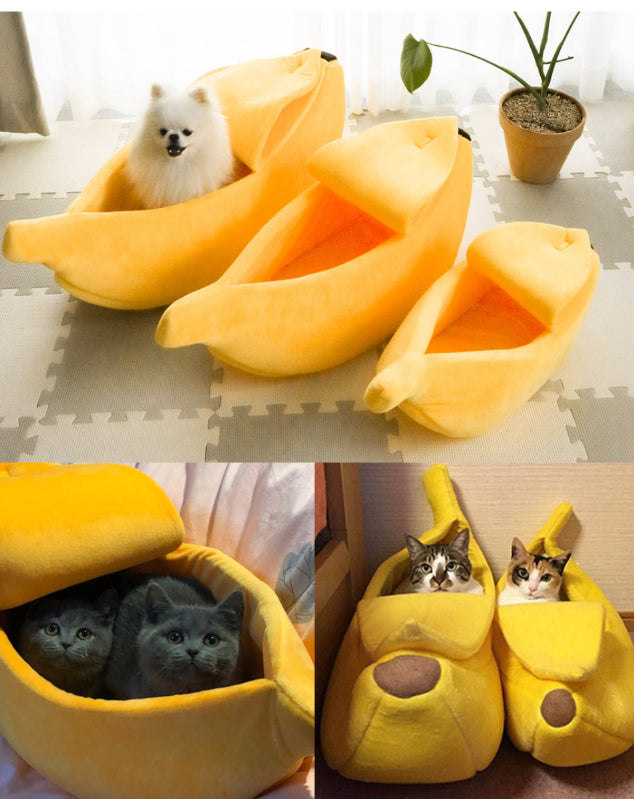 three pictures of cats in banana shaped beds