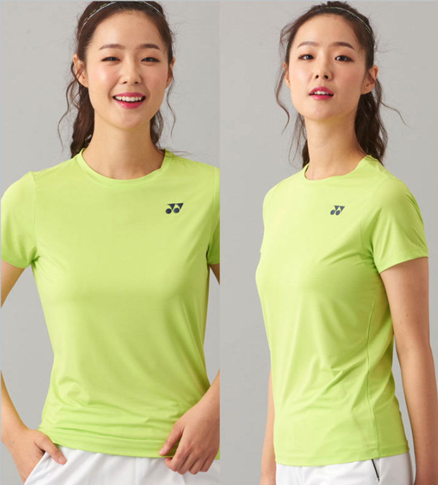 two photos of a woman in a green shirt