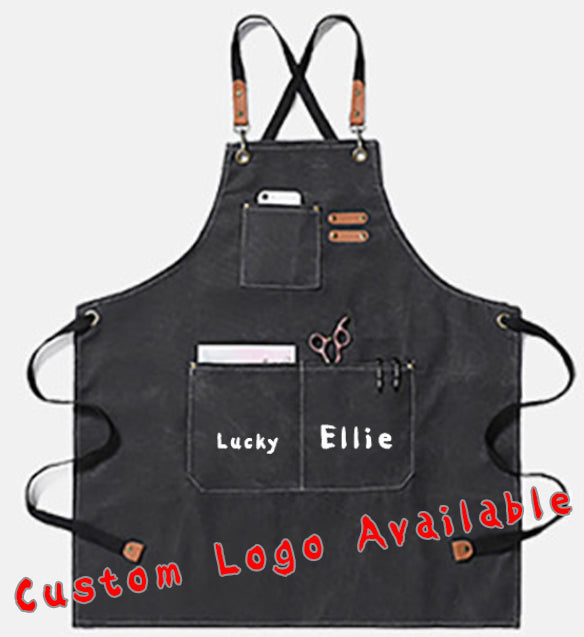 a black apron with a name on it